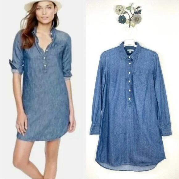 J. Crew Chambray Denim Mini Shirt Dress Collard Pocket Button Closure S Blue - Picture 1 of 15